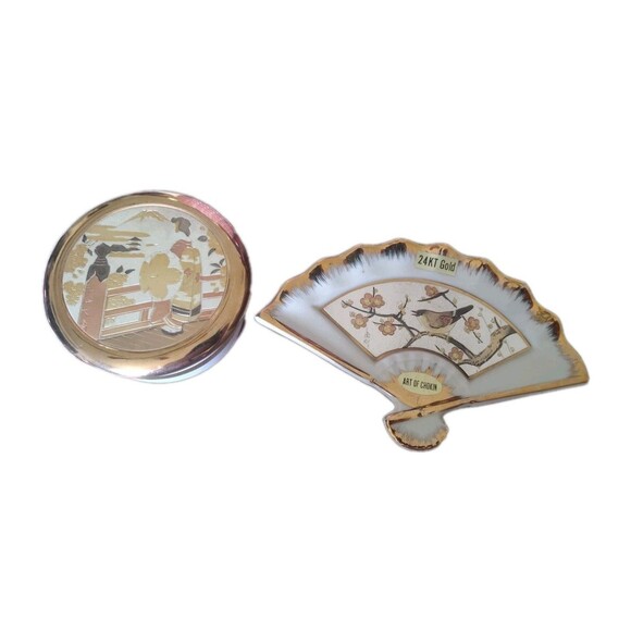 2 Art Of Chokin Trinket Dish Fan 24 KT Gold & Trinket Box/W Lid Japan - Picture 1 of 7